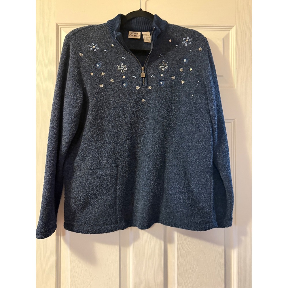 Koret City Blues Navy Blue Snowflake Embroidered 1/4 Zip Boucle Fleece Sweater L